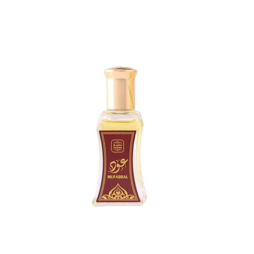 Mufaddal perfume bottle with a gold cap, amber fragrance, and decorative maroon and gold label.