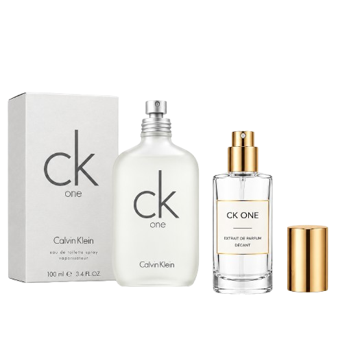 Calvin Klein CK One perfume set featuring a white fragrance bottle, matching box, travel decant spray, and gold cap.