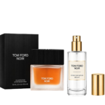 Tom Ford Noir perfume set featuring a black fragrance box, amber perfume bottle, travel decant spray, and gold cap.