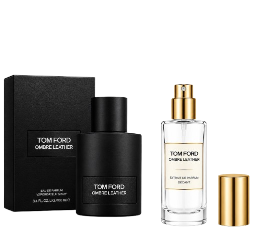 Tom Ford Ombre Leather perfume set featuring a black fragrance bottle, matching box, travel spray, and gold cap.