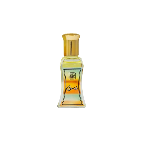 Yellow perfume bottle with a gold cap and elegant curved design on a white background.